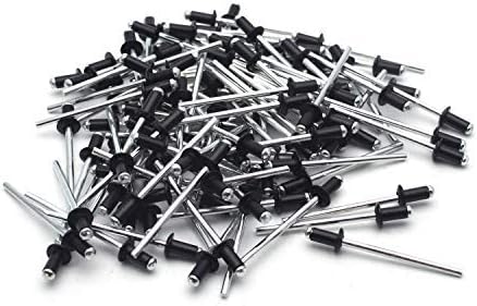 200 remaches ciegos de aluminio de extremo abierto, remaches ciegos de aluminio con mandril de tracción de acero, cabeza de cúpula, negro, 18