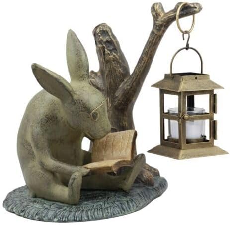 Ebros Gift Verdi – Libro de lectura de conejo caprichoso de aluminio verde de medianoche, estatua de linterna de vela de 10 pulgadas de alto,