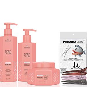 M Hair Designs Fibre Clinix Fortify Shampoo 10.1 oz, acondicionador 8.5 oz, tratamiento 8.5 oz peine desenredante (paquete de 4 artículos) M Hair Designs Fibre Clinix Fortify Shampoo 10.1 oz, acondicionador 8.5 oz, tratamiento 8.5 oz peine desenredante (paquete de 4 artículos)