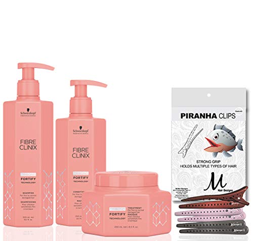 M Hair Designs Fibre Clinix Fortify Shampoo 10.1 oz, acondicionador 8.5 oz, tratamiento 8.5 oz peine desenredante (paquete de 4 artículos)