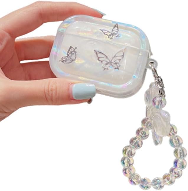 Funda transparente para AirPods Pro de 2 generación 2022, bonito diseño de mariposa negra brillante con llavero colgante, funda protectora de TPU