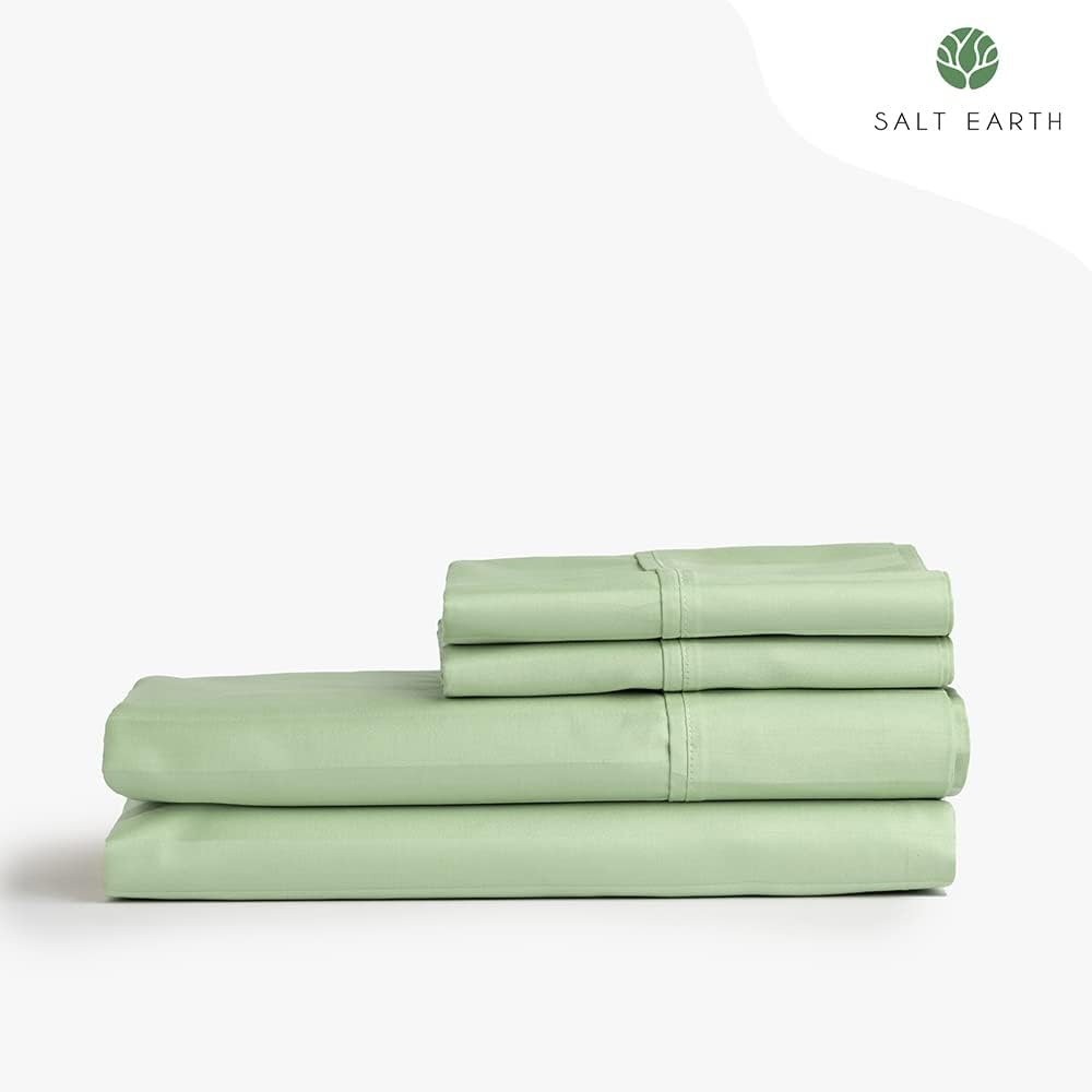 Salt Earth Juego de sábanas de algodón de 4 piezas, 100% algodón con bolsillos profundos de 16 pulgadas, sábanas de tejido satén de fácil ajuste,