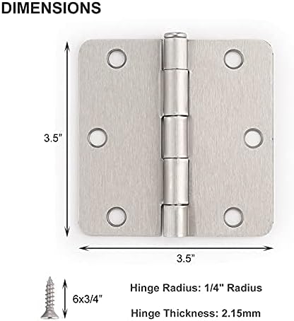 Knobonly Bisagras de puerta de níquel cepillado de 3.5 x 3.5 pulgadas con esquinas redondeadas de radio de 14 pulgadas, paquete de 6