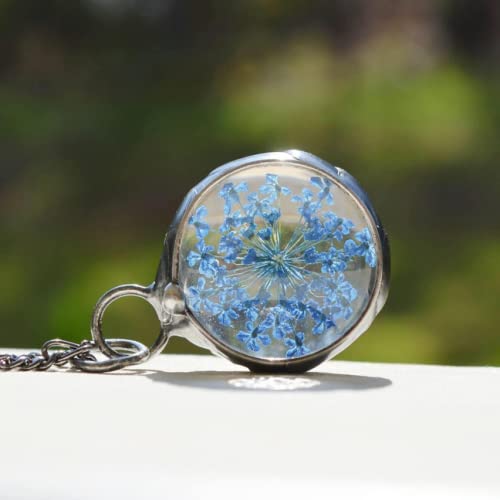 Queen Anne’s Lace Necklace for Women Blue Real Pressed Flowers in Glass Pendant Handmade by Bayou Glass Arts Natural Wildflower Jewelry Gift for