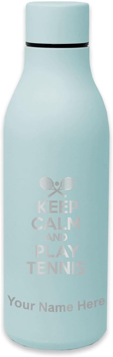 LaserGram Botella de agua de acero inoxidable de doble pared, mantén la calma y juega al tenis, grabado personalizado incluido