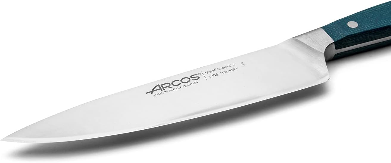 Arcos Cuchillo de chef forjado de acero inoxidable, tamaño 8 pulgadas. Mango profesional de micarta y borde especial de seda y hoja plateada 8.268
