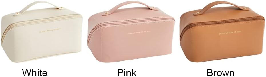 Bolsa de cosméticos de viaje de gran apertura, bolsa de maquillaje de piel sintética, bolsa de maquillaje de viaje portátil para mujer con asa y