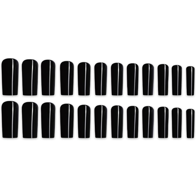Uñas postizas negras a presión, largas y cuadradas, de color sólido, con diseños, uñas acrílicas extralargas, reutilizables, uñas artificiales