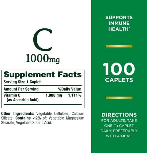 Vitamina C 1000 mg, suplemento de apoyo inmunológico, potente antioxidante, 100 unidades + compatible con Nature’s Bounty.
