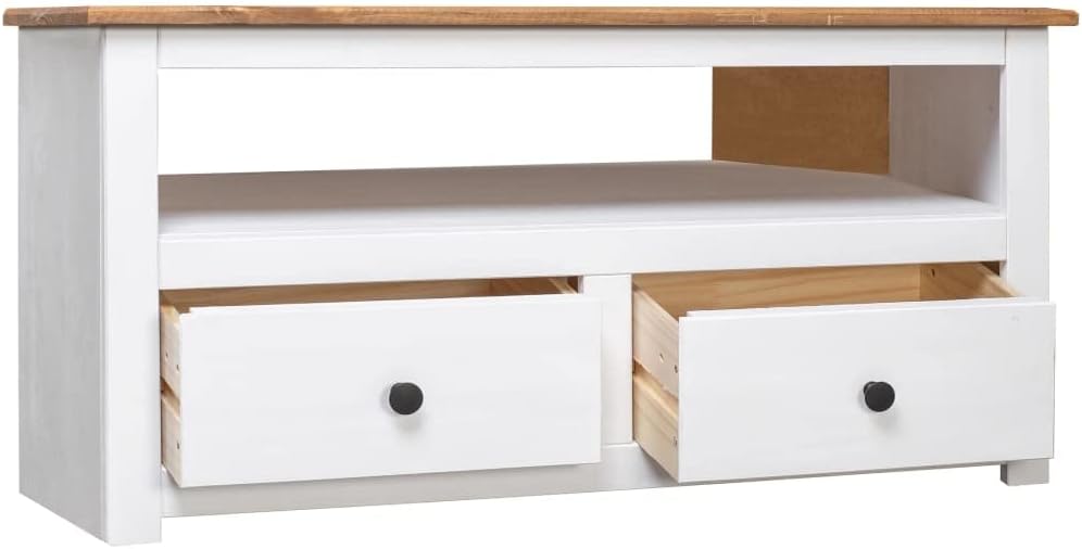 vidaXL Soporte esquinero para TV de madera de pino macizo, estilo escandinavo, color blanco y madera natural, con 2 cajones y compartimento abierto,