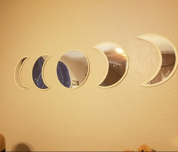 Kondec Juego de 5 espejos de fase lunar espejo escandinavo natural para decoración de pared, espejo estético de decoración bohemia para sala de