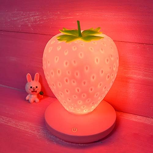Decoración de luz nocturna de fresa, bonita lámpara LED de fresa de silicona, recargable por USB, 3 modos de luz táctil que cambia de color para el