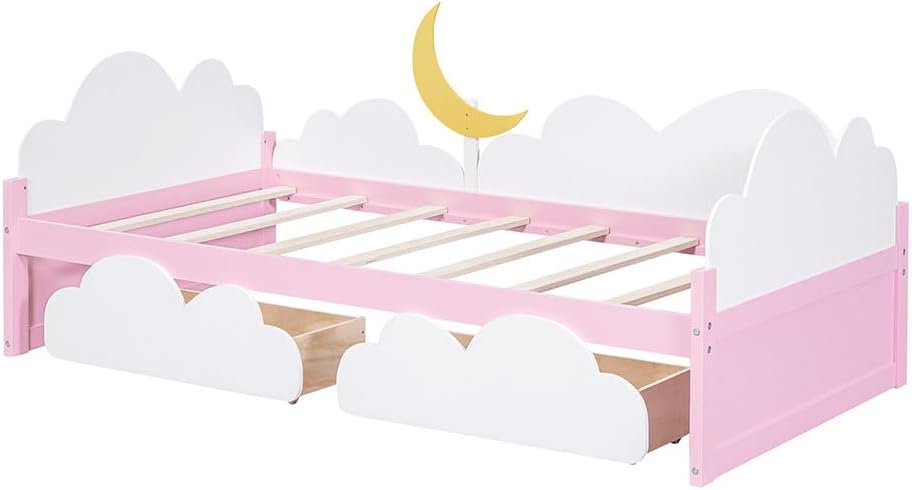 Anwick Marco de cama individual de madera para niños, marco de cama de plataforma individual con cabecero y cajones de almacenamiento, cama