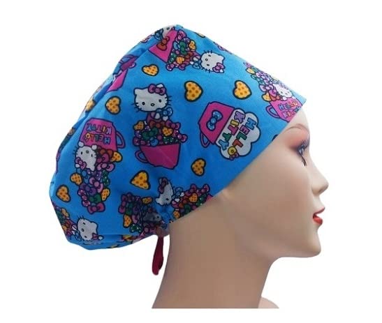 Kitty Cat Women’s Euro Scrub Adjustable Work Cap (Kitty Tossed Tea Cups)