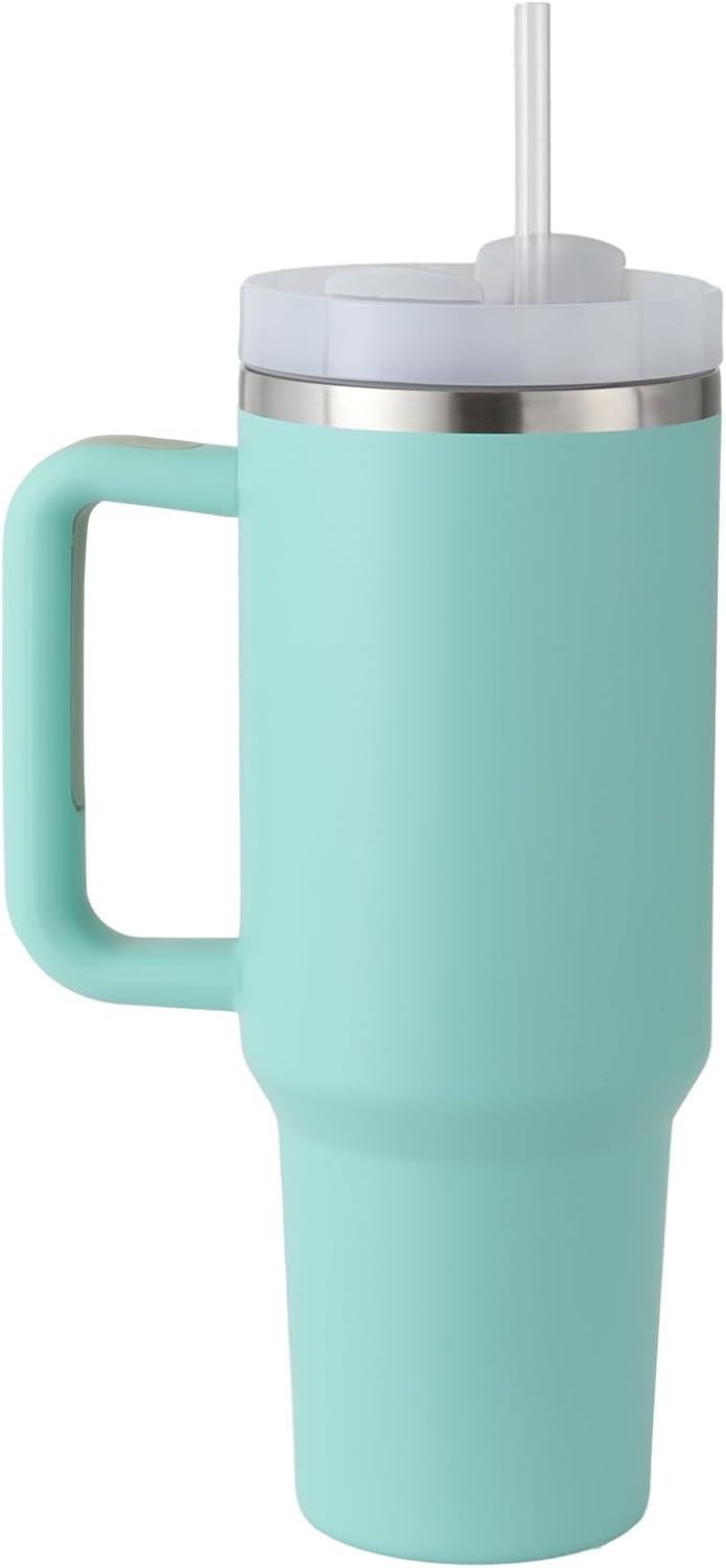 Vaso, vaso de 40 onzas con asa y pajita, vaso de acero inoxidable con tapa y tapa para pajilla, taza de viaje aislada al vacío de doble pared, vaso