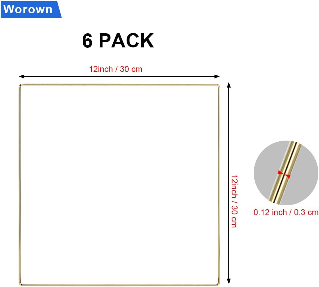 Worown Paquete de 6 coronas cuadradas de metal floral de 12 pulgadas, anillos dorados para atrapasueños para manualidades, corona de Navidad y boda,