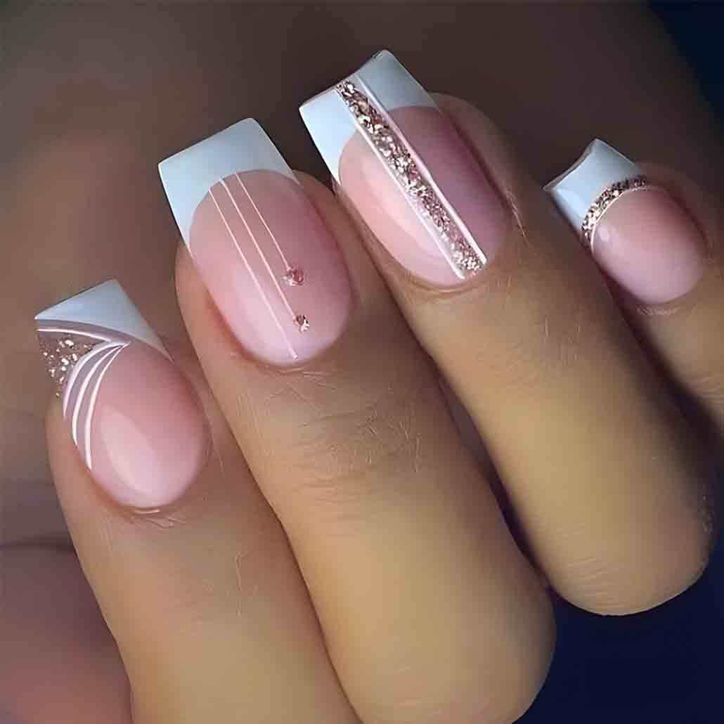 Foccna Uñas blancas a presión medianas, uñas postizas de color rosa, uñas postizas cuadradas acrílicas con brillantes, uñas artificiales francesas