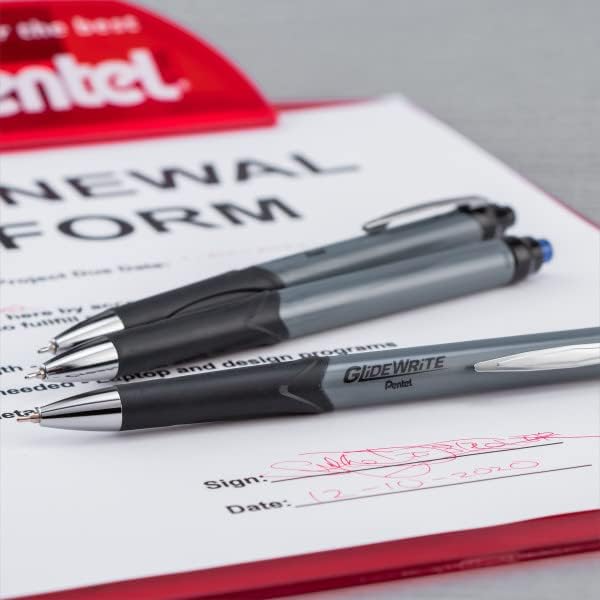 Pentel GlideWrite Signature Gun – Bolígrafo de barril de metal, (0.028 in), línea fina, con tinta recargable TechniFLO, paquete de 12 (negro)