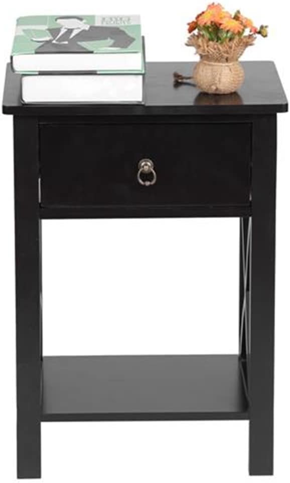 Mesita de noche negra con cajón y 1 estante de almacenamiento, mesa auxiliar pequeña, mesita de noche de madera moderna con 1 cajón y