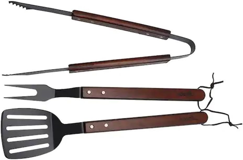 Nexgrill Juego de herramientas de 3 piezas con asas de madera, incluye espátula, palo para asar y pinzas de alta resistencia, acero antiadherente,