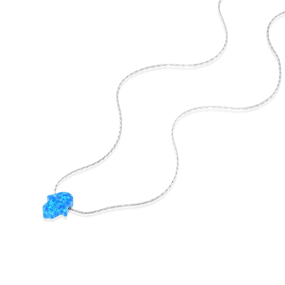 Blue Opal Hamsa on a Sterling Silver Choker Necklace- Handmade Protection Hand Charm Collar – 13.5 + 3 inch extending (royal blue, sterling-silver)