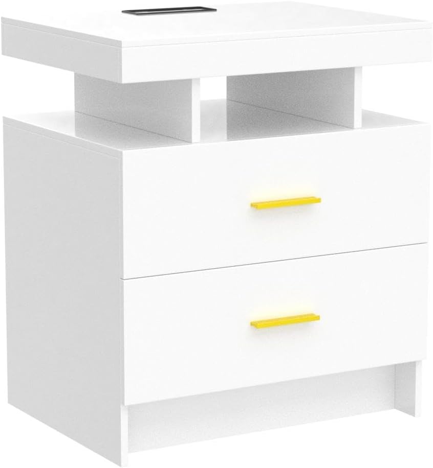 HNEBC Mesita de noche LED, RGB blanco con estación de carga USBinalámbrica, moderna mesita de noche con sensor automático de luces RGB, mesa