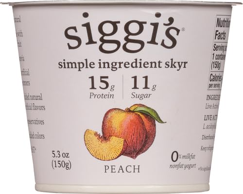 siggi’s Yogur islandés sin grasa, melocotón, 5.3 onzas taza de una sola porción, bocadillo de yogur grueso y rico en proteínas