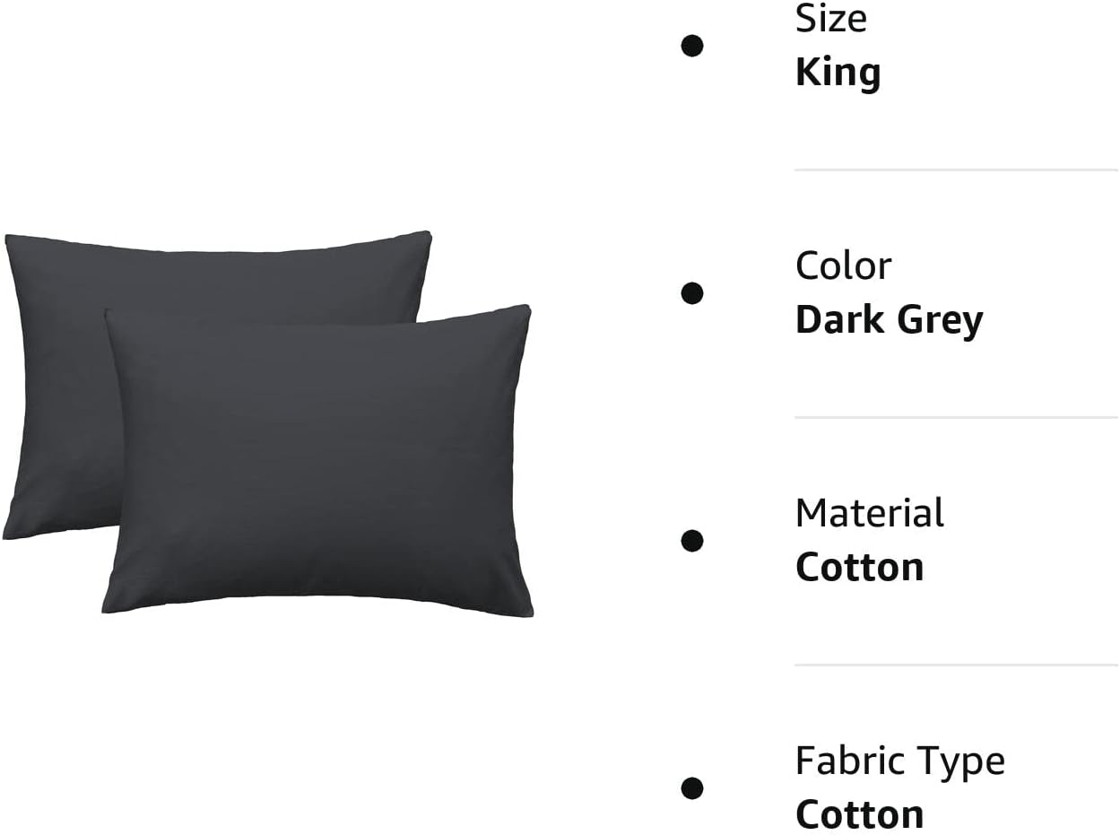 Funda de almohada suave 100% algodón egipcio con cremallera, acogedora y ligera, juego de 2, gris oscuro, tamaño King, 20 x 36 pulgadas