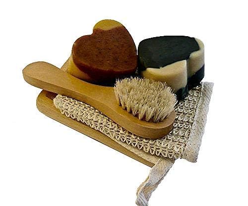 BOGUE Luxury Goat Milk Soap-Big Soap Hearts of Moisturizing N20 Palo Santo & N21 Activated Charcoal & Kaolin Clay with Sisal Cloth, Facial Scrubber