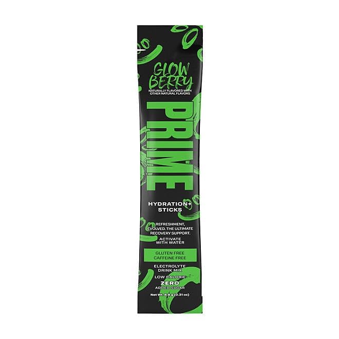 Prime Hydration + Palitos de mezcla de electrolitos en polvo Glowberry – (paquete de 20), 6.20 onzas (paquete de 1)