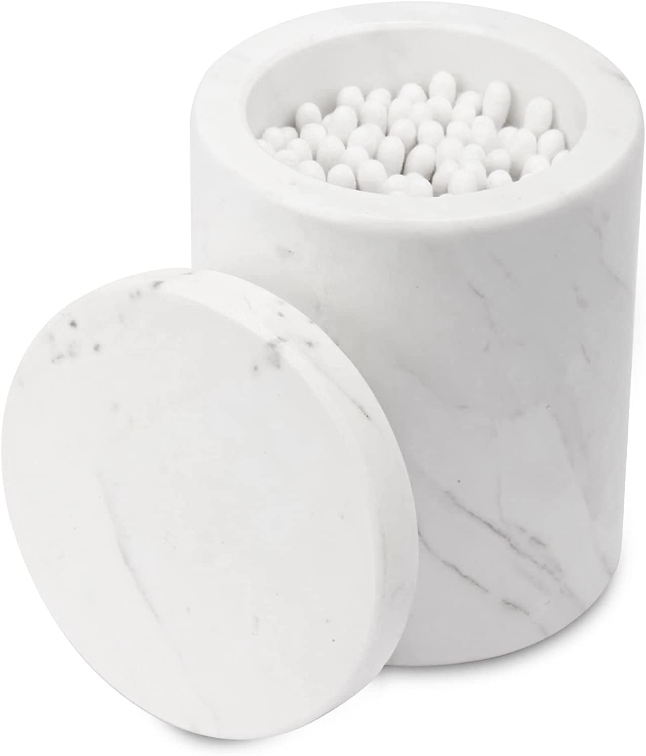 WORHE Contenedor de mármol con tapa, soporte natural para hisopos de algodón, bolas, almohadillas, púas de hilo dental, sales de baño, organizador