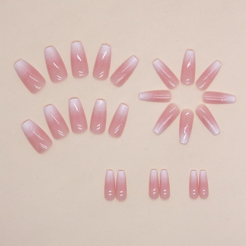 Uñas postizas rosadas a presión de longitud media, uñas postizas de ataúd con diseños de brillantina, uñas acrílicas nude, uñas con pegamento