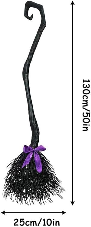 Escoba de bruja de Halloween para niños y adultos, escoba de bruja realista de paja para cosplay, escoba voladora de mago (negro, con 3 cintas de