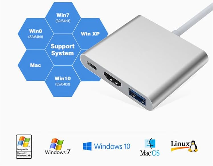 Adaptador multipuerto USB-C 3 en 1 con HDMI 4K, USB 3.0 y carga PD – Compatibilidad universal para Mac, Windows, Android Linux