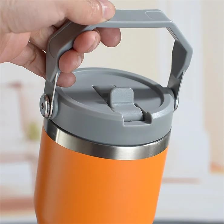 Vaso de acero inoxidable de 30 onzas con doble aislamiento al vacío con asa y tapa con popote, vaso a prueba de fugas, botella de agua con popote