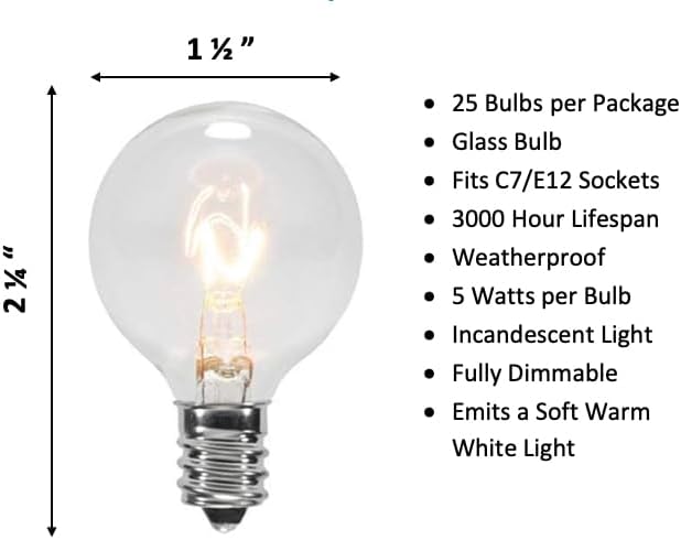 25 unidadesClear G40Globe focos para luces de Patio Cadena Fits E12y C7Base 5vatios G40 focos de repuesto para patio luces