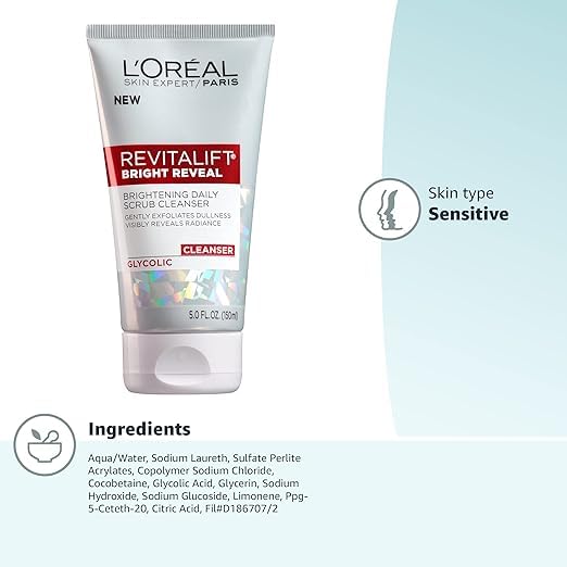 Skincare Revitalift Bright Reveal Limpiador facial con ácido glicólico, limpiador facial diario antienvejecimiento para exfoliar la opacidad e