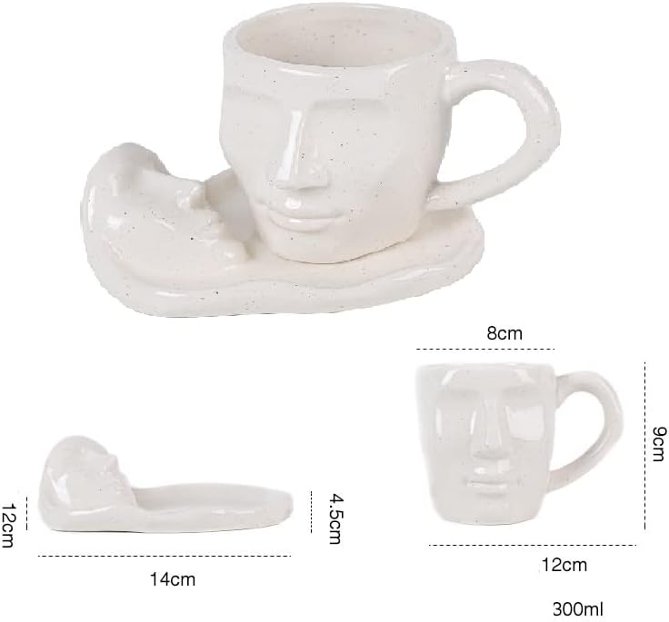 Juego de tazas de besos Taza de cerámica de cara humana Taza de café Pensador Creativo Taza de café Divertida forma de cara taza con bandeja Set