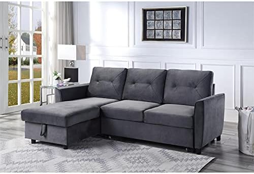 Bowery Hill Sofá cama reversibleseccional de terciopelo gris oscuro con diván de almacenamiento