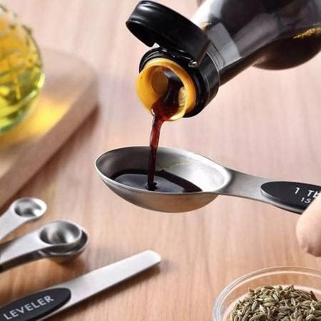 SOL – Juego de utensilios de cocina de acero inoxidable, cucharas medidoras magnéticas de acero inoxidable, juego de 7 piezas con cucharas medidoras