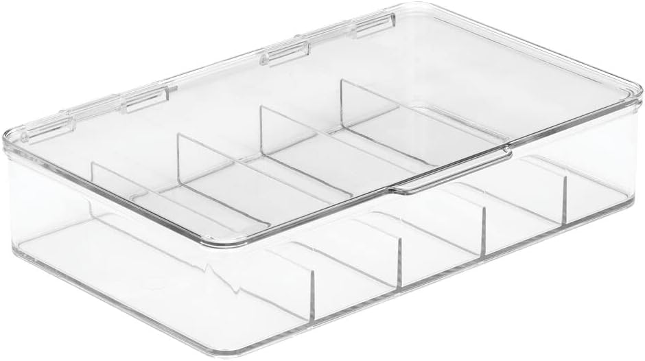 mDesign Caja organizadora apilable de plástico dividida para cabello, maquillaje y joyas con tapa de bisagra para encimera de tocador de baño, 5