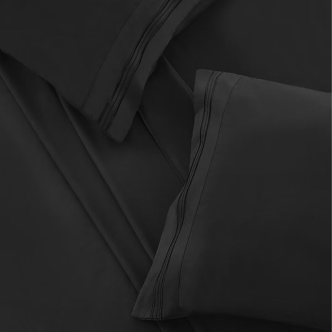 Juego de sábanas negras de tamaño matrimonial, juego de sábanas bajeras y fundas de almohada de bolsillo profundo, 4 piezas de microfibra de