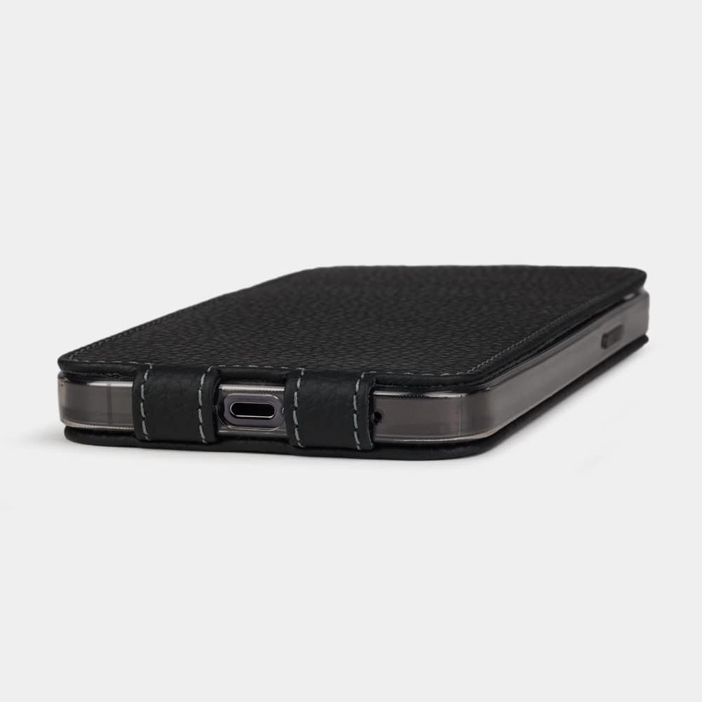 Marcel Robert – Funda de piel con tapa para iPhone 13 – Modelo patentado – Fabricado en Francia – Negro