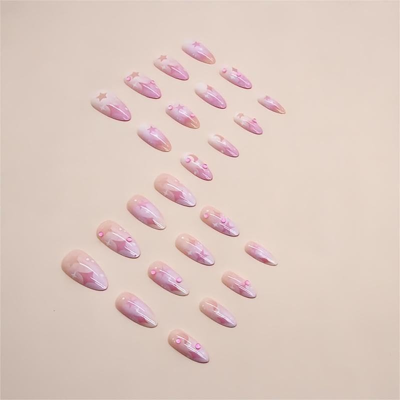 Uñas postizas a presión de almendra, uñas postizas medianas y brillantes, uñas postizas con diseño de estrella, uñas de cobertura completa, uñas