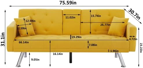 Cama futón plegable convertible tapizada de lino, sofá biplaza capitoné con botones, espacio de vida compacto, apartamento, dormitorio, habitación