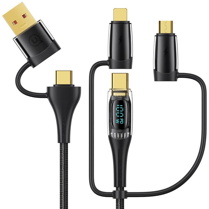 USAMS – Cable de carga USB C a múltiple, 100 W, 4 pies, 5 A, tipo C a tipo C, cable de carga rápida con pantalla LED 5 en 1 CA a CMicroIP, adaptador