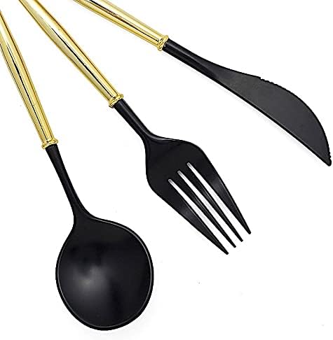 BalsaCircle – Juego de 24 cubiertos desechables de plástico negro y dorado, cuchara, tenedor y cuchillo, suministros de decoración de recepción