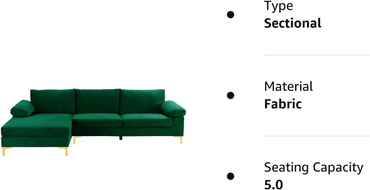 Sofá modular moderno en forma de L, con diván extra ancho y patas doradas