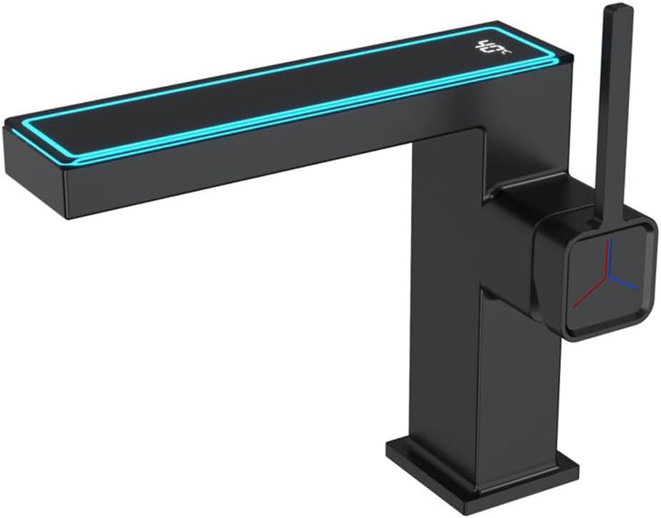 Weirun Grifo de montaje en cubierta cuadrada con un solo agujero para lavabo, para baño, con pantalla digital, temperatura LED, color negro mate