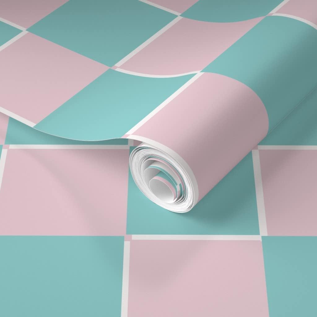 Spoonflower Papel tapiz extraíble de 3 x 2 pies  Papel tapiz de tablero de ajedrez rosa y verde con estampado de bloques pastel retro Y2K